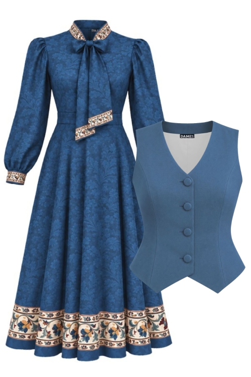 Set elegant rochie albastru deschis cu guler esarfa si vesta bleu eleganta