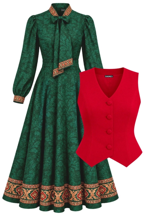 Set elegant rochie verde cu guler esarfa si vesta rosie eleganta