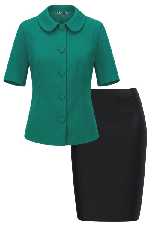 Set elegant sacou verde menta cu guler rotund si fusta conica neagra