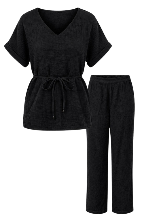 Set negru din muselina pantalon si bluza cu maneca raglan