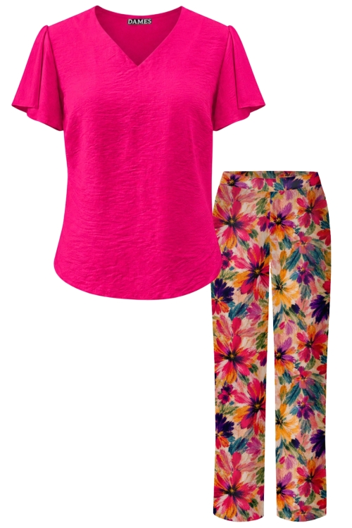 Set pantalon drept Floral multicolor si bluza fucsia cu maneci despicate