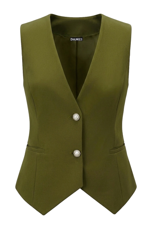 Vesta de dama verde oliva eleganta cambrata cu buzunare