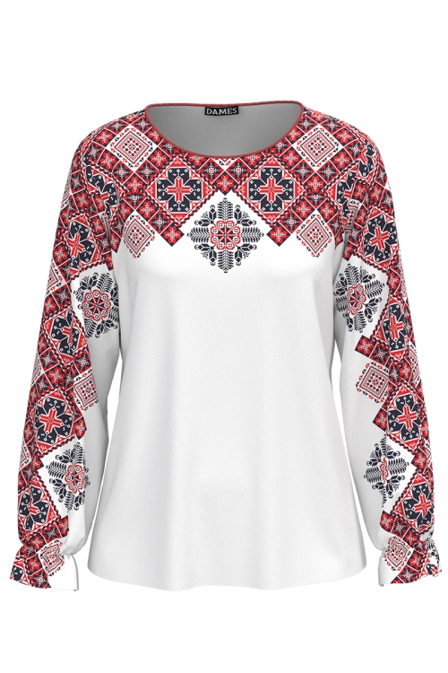 Bluza alba cu maneca lunga imprimata cu motive populare