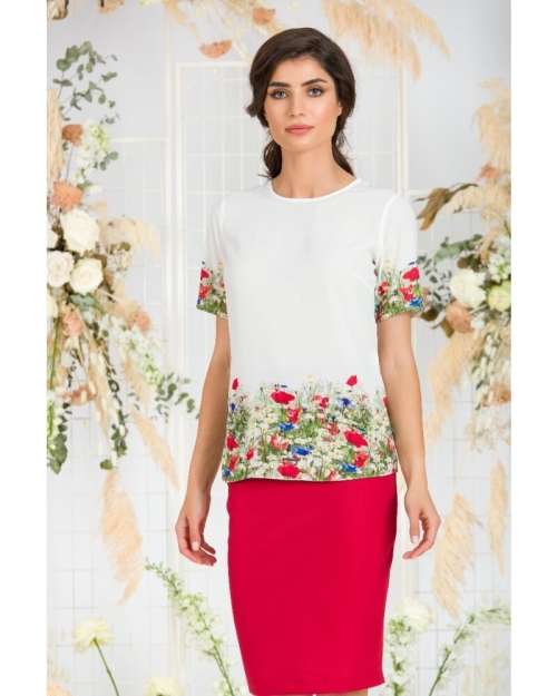 Bluza alba de vara cu maneca scurta si imprimeu Flori de camp CMD755 - Img 3