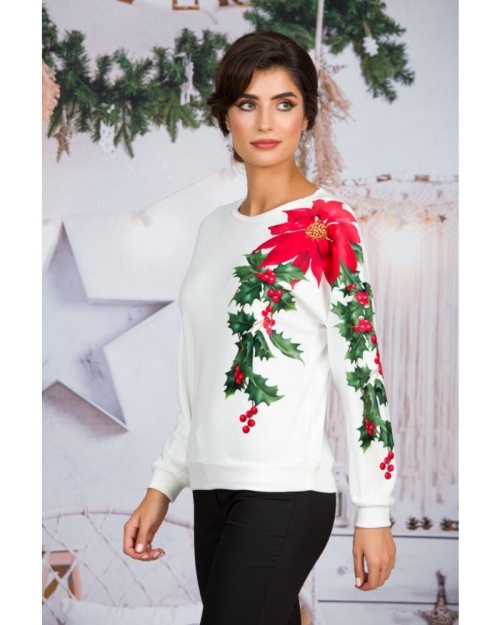 Bluza alba tip hanorac din catifea cu imprimeu Poinsettia CMD1623 - Img 1