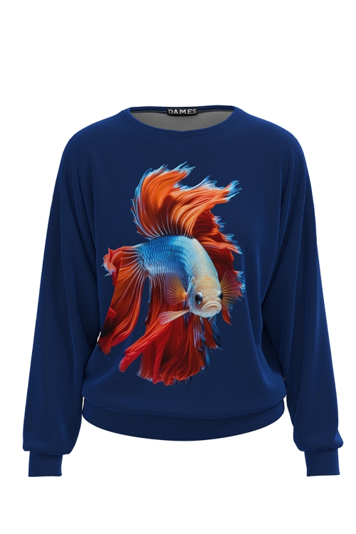Bluza albastra tip hanorac din catifea cu imprimeu Peste Betta