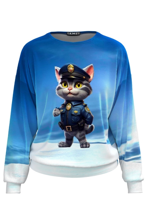 Bluza albastra tip hanorac din catifea cu imprimeu Pisica CMD4931 - Img 2
