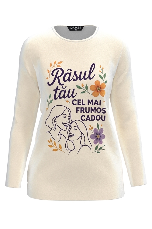 Bluza bej din catifea cu mesaj Zambet