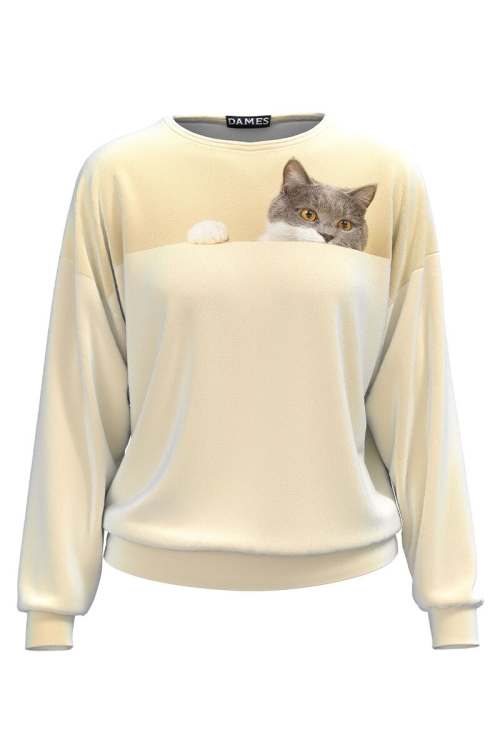 Bluza bej tip hanorac din catifea cu imprimeu Pisica CMD3740 - Img 2