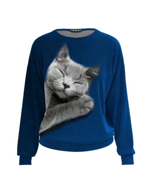 Bluza bleumarin tip hanorac din catifea cu imprimeu Pisica CMD3918 - Img 1