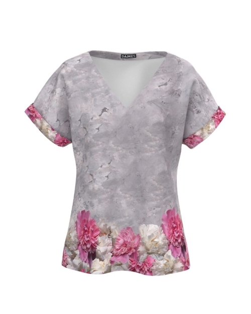 Bluza de vara cu maneca raglan imprimata cu model Bujori CMD4268 - Img 1