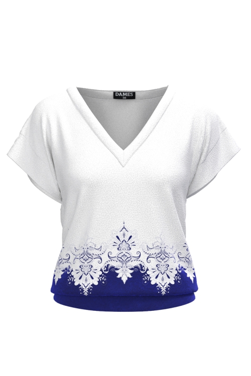 Bluza din catifea cu decolteu in V imprimata tranditional albastru