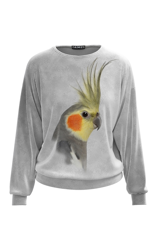 Bluza gri tip hanorac din catifea cu imprimeu Papagal