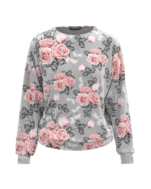 Bluza gri tip hanorac din catifea cu imprimeu trandafiri CMD1780