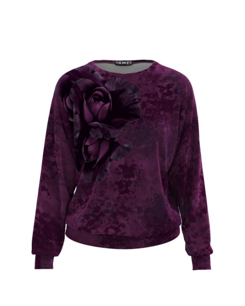 Bluza mov tip hanorac din catifea cu print floral CMD465 - Img 1