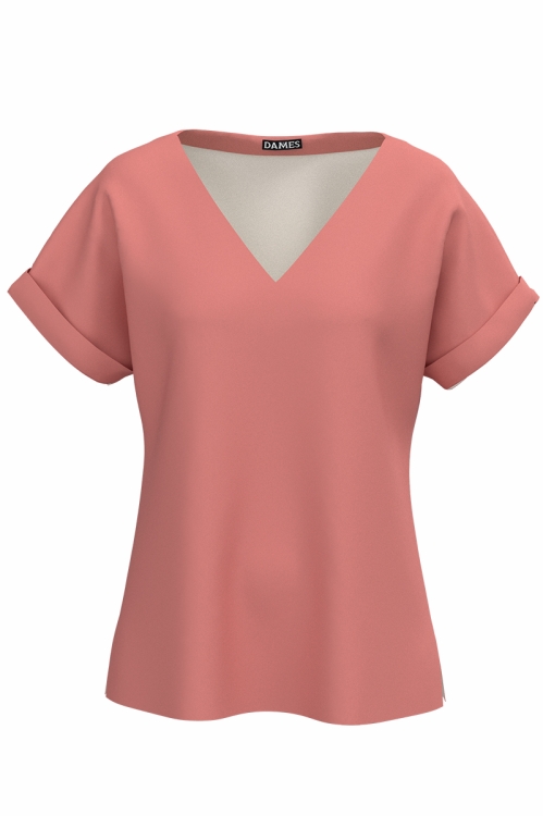 Bluza roz pudra de vara cu maneca raglan si decolteu in V