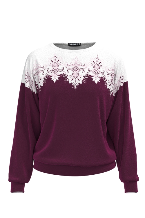 Bluza tip hanorac din catifea bordo imprimata traditional floral