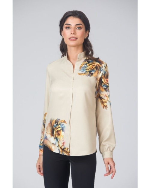 Camasa de dama bej cu guler tunica imprimata floral CMD4868 - Img 3