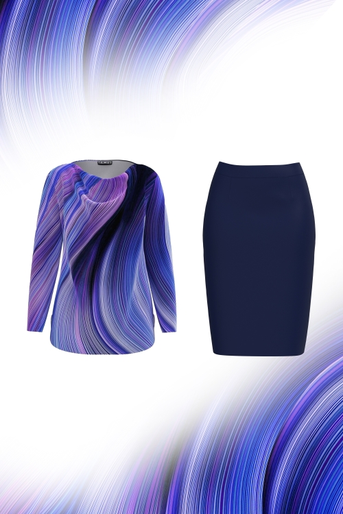 Compleu elegant dama bluza catifea si fusta bleumarin
