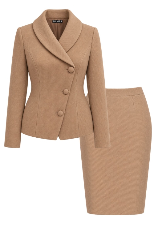 Costum bej cu sacou asimetric si fusta din stofa groasa Noemi