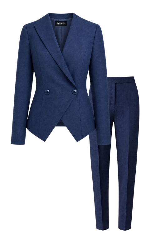 Costum bleumarin din stofa fina Valeria sacou cu rever asimetric si pantalon conic