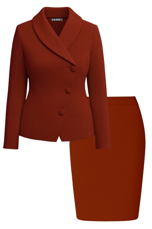 Costum dama cu sacou asimetric din stofa caramiziu