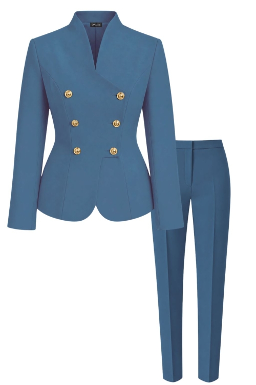 Costum elegant premium albastru turcoaz cu sacou asimetric si pantaloni conici