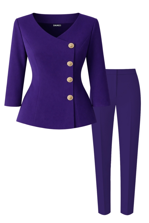 Costum elegant sacou cu decolteu inima si pantalon conic violet