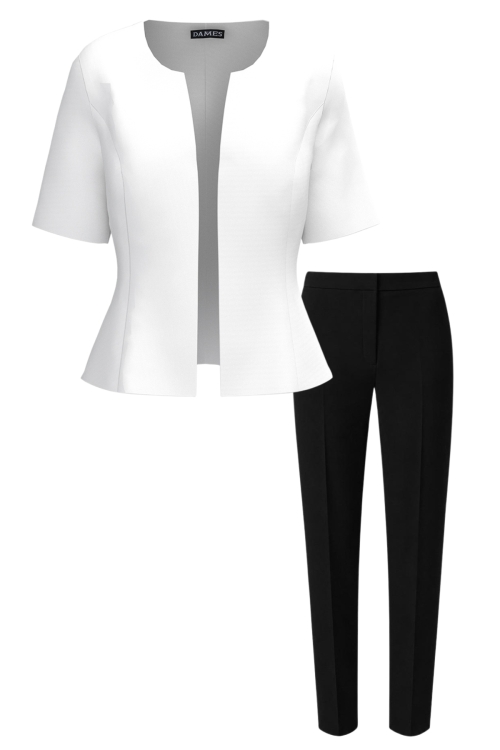 Costum elegant sacou cu maneca scurta alb si pantalon conic negru