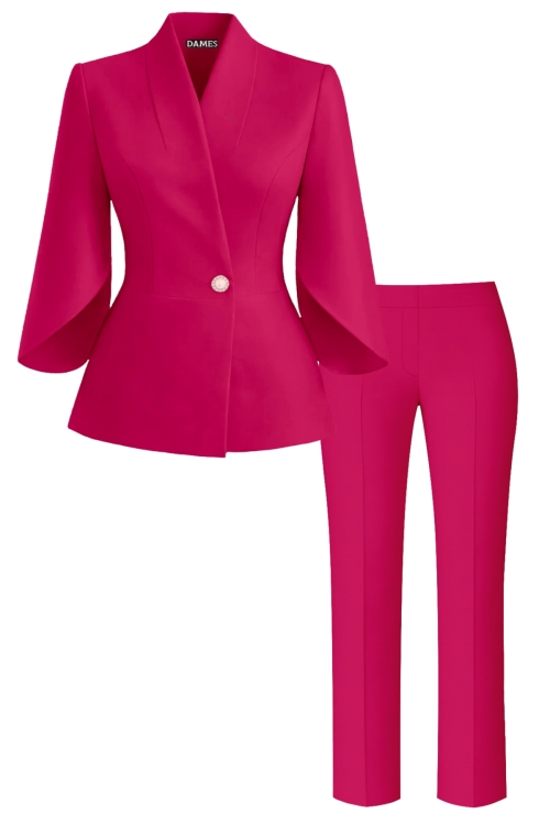 Costum elegant sacou cu maneci asimetrice si pantalon drept Roz trandafiriu