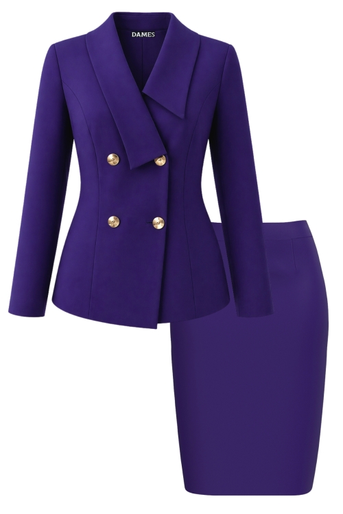 Costum elegant sacou cu rever asimetric si fusta conica violet