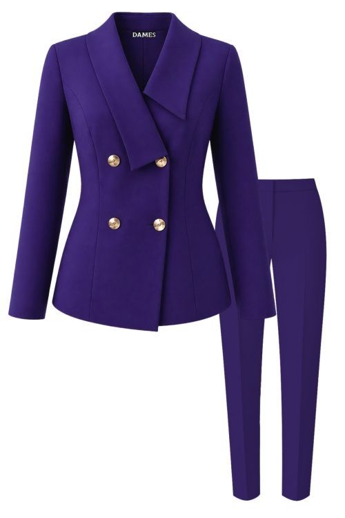 Costum elegant sacou cu rever asimetric si pantalon conic violet