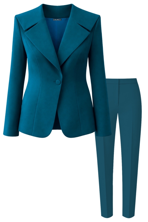 Costum elegant sacou cu rever marinar si pantalon turcoaz