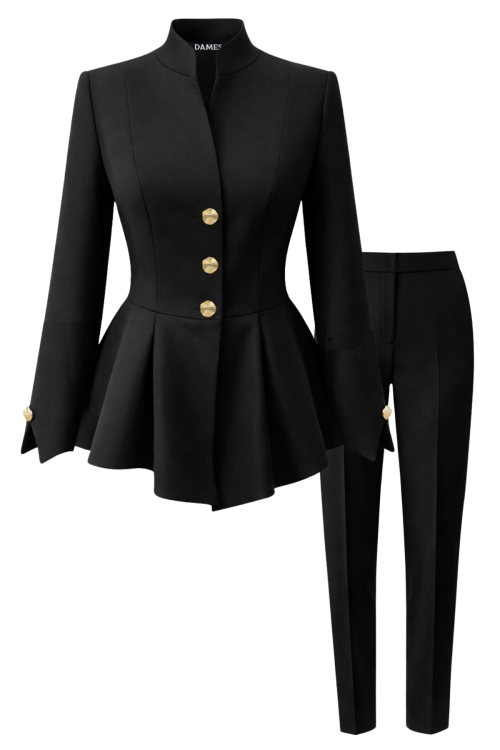 Costum elegant sacou premium negru cu maneci despicate si pantalon conic negru