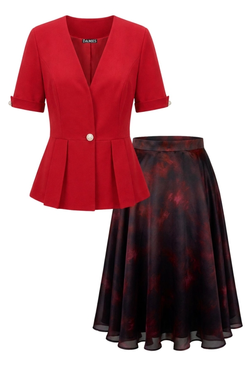 Costum elegant sacou roz cu nasturi bijuterie si fusta clos din organza cu accente rosii