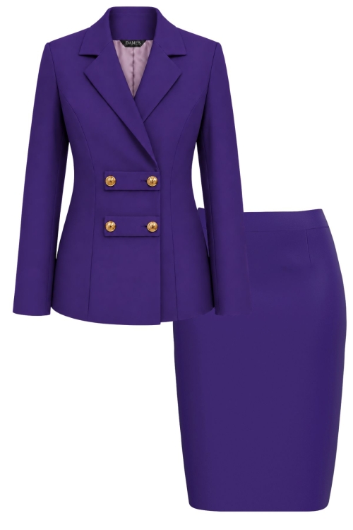 Costum elegant violet cu sacou military si fusta conica