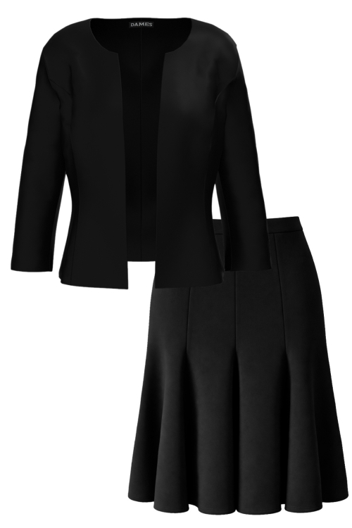 Costum negru cu fusta in clini si sacou elegant cambrat