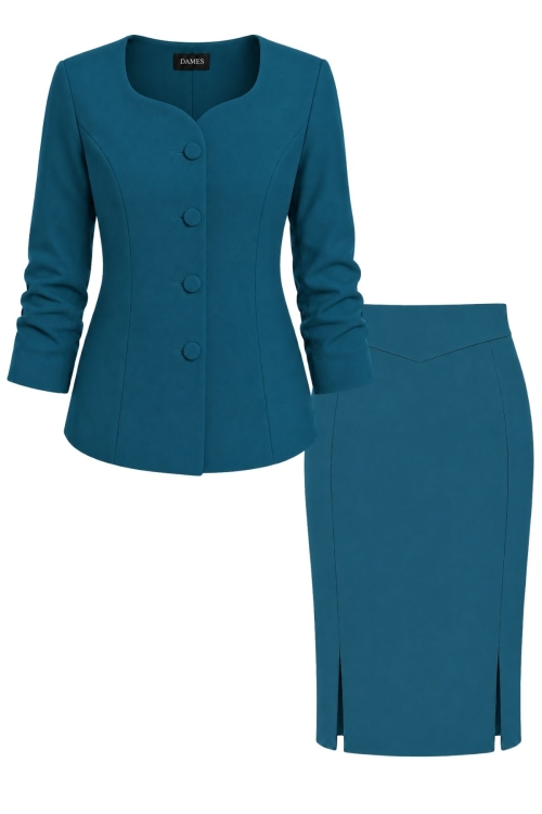 Costum turcoaz elegant sacou decolteu inima si fusta conica cu bata in V