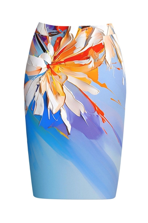 Fusta conica bleu imprimata cu model multicolor SS24 - Img 2