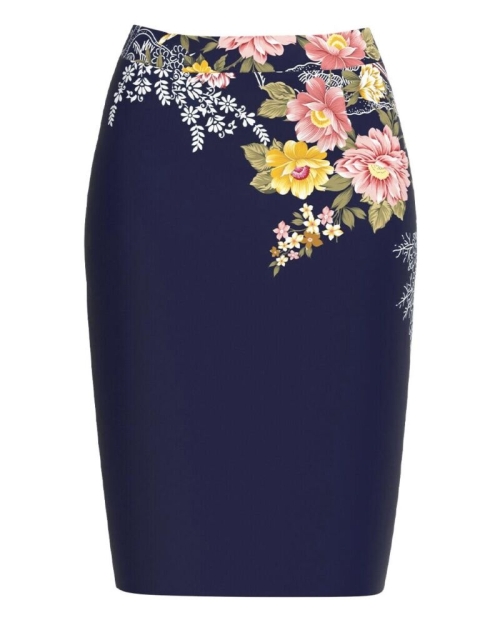 Fusta conica bleumarin imprimata cu model floral CMD2753