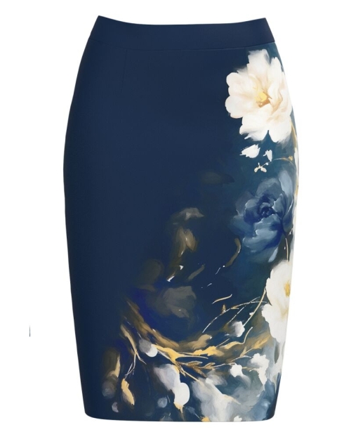Fusta conica bleumarin imprimata cu model floral CMD4183