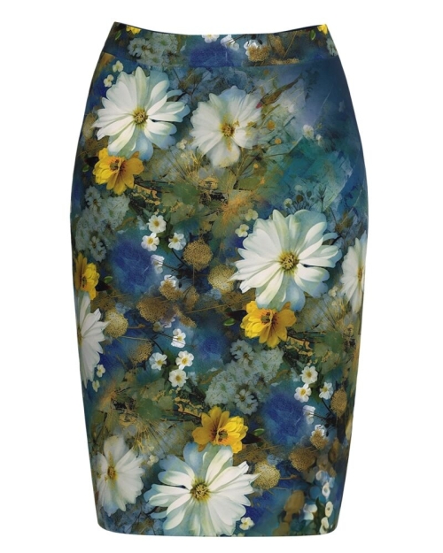 Fusta conica bleumarin imprimata cu model floral
