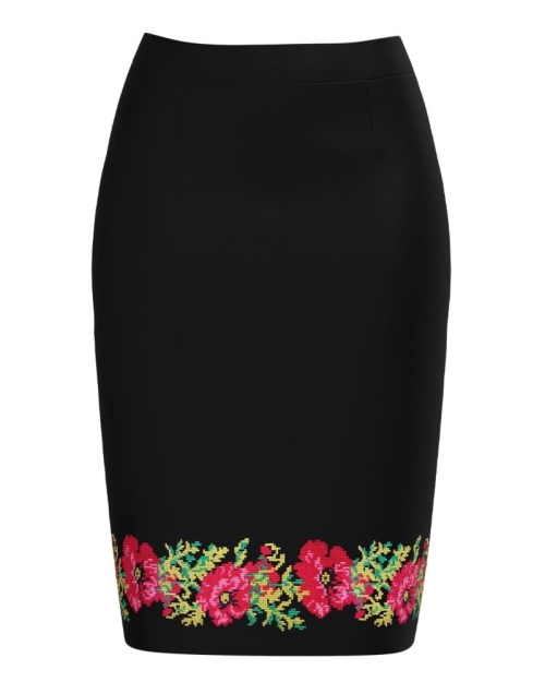 Fusta conica neagra imprimata cu model floral traditional CMD3851