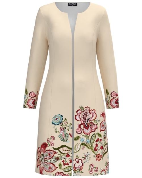 Jacheta de dama crem lunga imprimata cu model floral CMD1283