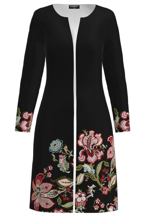 Jacheta de dama neagra lunga imprimata cu model floral CMD1338 - Img 2