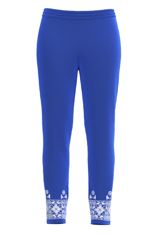 Pantaloni albastri din catifea cu buzunare imprimati traditional