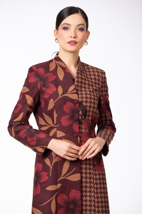 Pardesiu elegant cu print floral din catifea reiata - Img 4