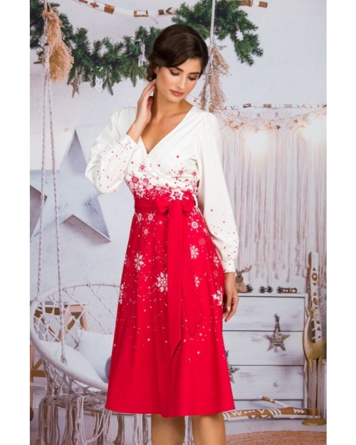 Rochie alb rosu eleganta imprimata Fulgi de zapada CMD1505 - Img 4