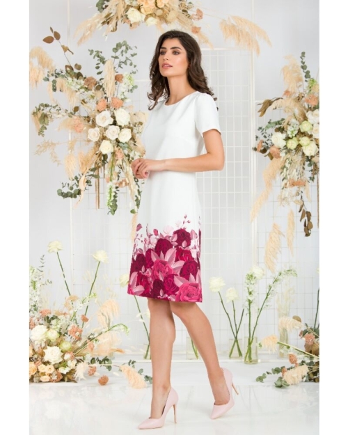 Rochie alba casual cu maneca scurta imprimata Trandafiri CMD743 - Img 3
