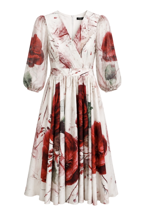 Rochie alba eleganta cu imprimeu maci si maneci bufante din organza